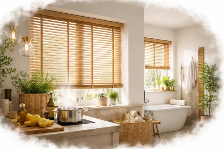 Żaluzje drewniane do kuchni i łazienki.